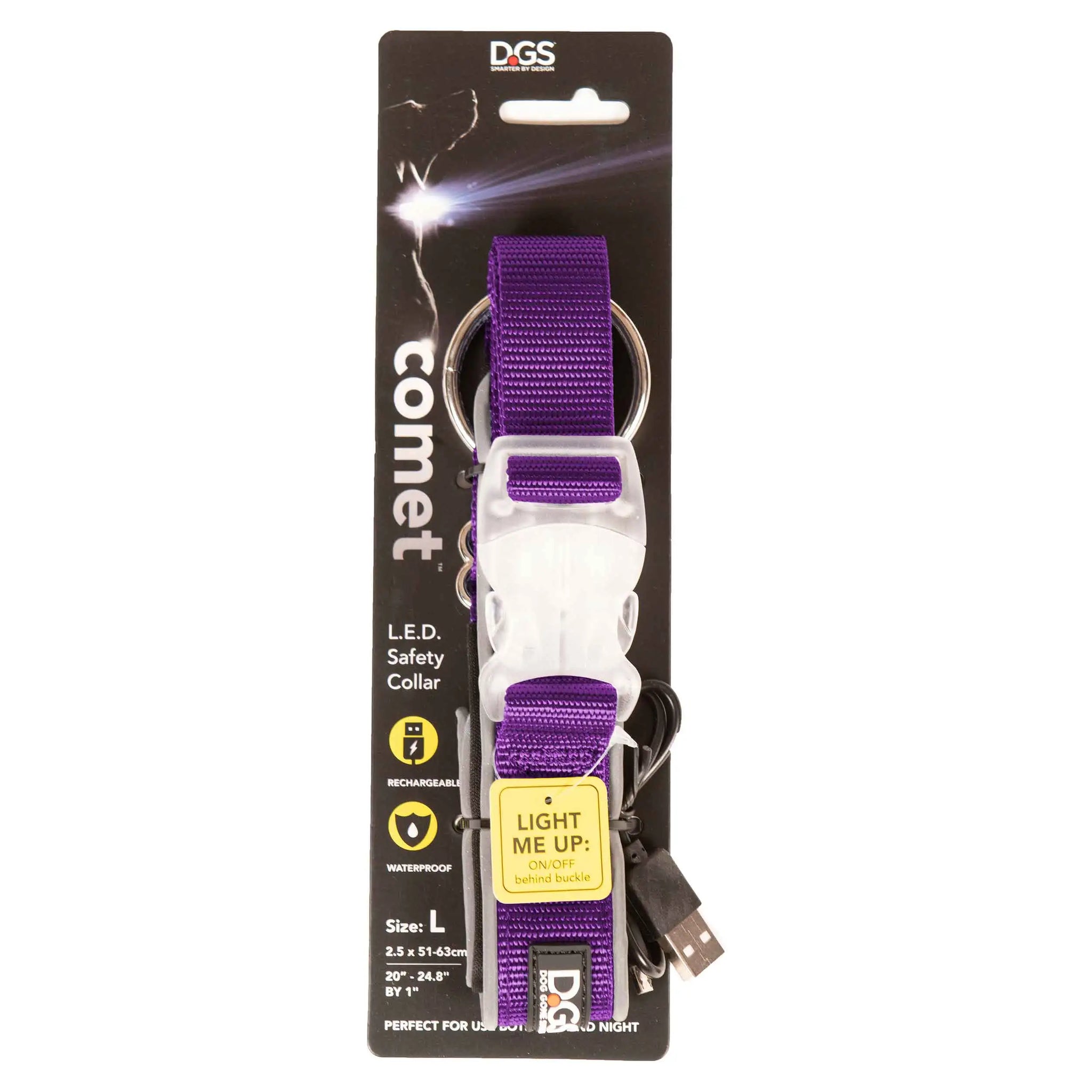 DGS Pet Products Comet Rechargeable Light Up Dog Collar Large Purple 20" - 25" x 1"